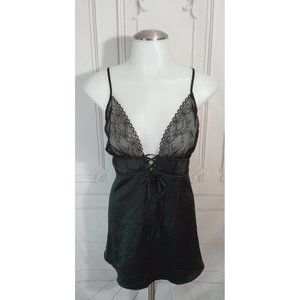 Adore Me Black Satin & Lace Deep V-Neck Lingerie Babydoll Corset Detail Sz M